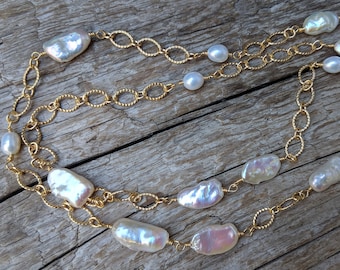 Long Pearl Necklace, Long Baroque Pearl Necklace, Pearl and Gold Necklace, Pearl Chain Necklace, Delicate Pearl Necklace