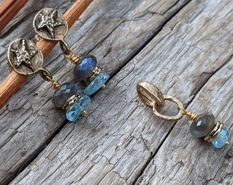 Aquamarine & Labradorite Earrings, Earrings Pendant Set, Aquamarine Pendant, Labradorite Pendant, Ocean Theme Jewelry