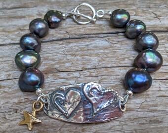 Black Pearl Bracelet, Big Baroque Pearl Bracelet, Heart
