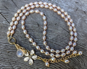 Long Pink Freshwater Pearl Necklace: Gold Filled/ Bronze/ Chalcedony, Gift for Women