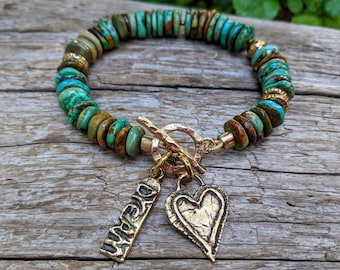 Genuine Turquoise Bracelet, Artisan Bracelet, Statement Bracelet, Gold Heart Bracelet, Boho Bracelet, Chunky Charm Bracelet, Forest Jewelry