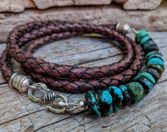 Men&#39;s Turquoise Bracelet, Turquoise Leather Bracelet, Leather Jewelry, Turquoise Jewelry, Boho Bracelet, Unisex Bracelet, Man Bracelet