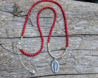 Red Coral Necklace, Virgin Mary Pendant, Thin Red Coral Necklace, Religious Jewelry, Christian Jewelry, Catholic Jewelry, Boho Necklace