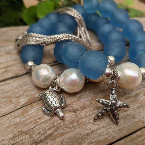 Sea Glass Bracelet, shops Big Pearl Bracelet, Turtle Charm Bracelet, Ocean Theme Bracelet, Artisan Bracelet, Statement Bracelet, Boho Bracelet