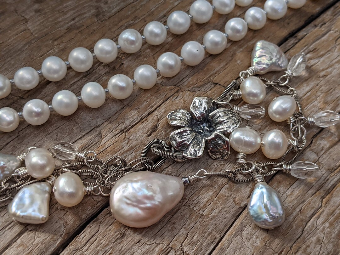 Long Pearl Necklace, Statement Necklace, Artisan Necklace, Boho