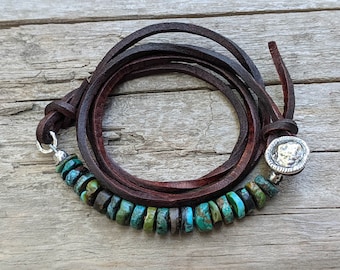 Mens Turquoise Bracelet, Men&#39;s Bracelet, Man Turquoise Bracelet, Leather Wrap Bracelet, Bracelet for Men,Leather Bracelet, Man Bead Bracelet