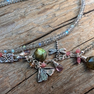 Long Labradorite Necklace, Silver Blue Labradorite with Tourmaline Necklace, Sparkle Necklace, Gemstone Necklace, Statement Necklace