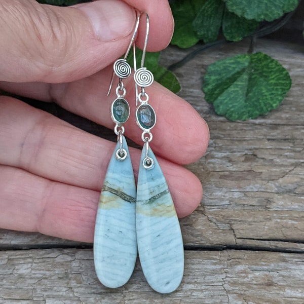 Blue Tourmaline & Wave Jasper Earrings, Long Boho Earrings, One of a Kind Earrings, Statement Earrings, Multi Stone Earrings