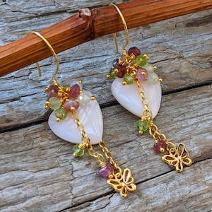 Pink Opal Earrings, Opal and Tourmaline Cluster Earrings, Gemstone Cascade Earrings, Batterfly Earrings, Multi Stone Earrings, Boho Earrings