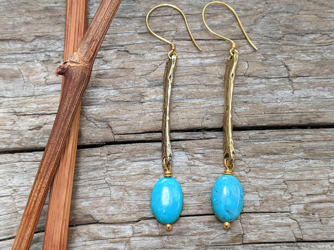 Odyssey Long Blue Turquoise and Golden Statement Earrings