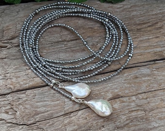 Long Necklace, Tie Necklace, Loop Necklace, Silver Hematite & Pearl Necklace, Sparkle Necklace, Statement Necklace, Gemstone Necklace