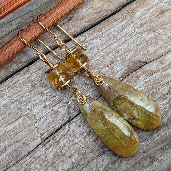 Golden Citrine & Opal Earrings, Statement Earrings, Multi Stone Earrings, One of a Kind Earrings, Long Boho Earrings, Artisan Earrings