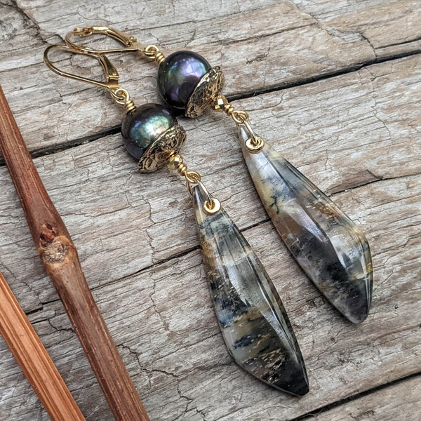 Black Pearl & Dendritic Agate Earrings, Multi Stone Earrings, Statement Earrings, Black and Gold Earrings, Artisan Earrings, Unique Earrings