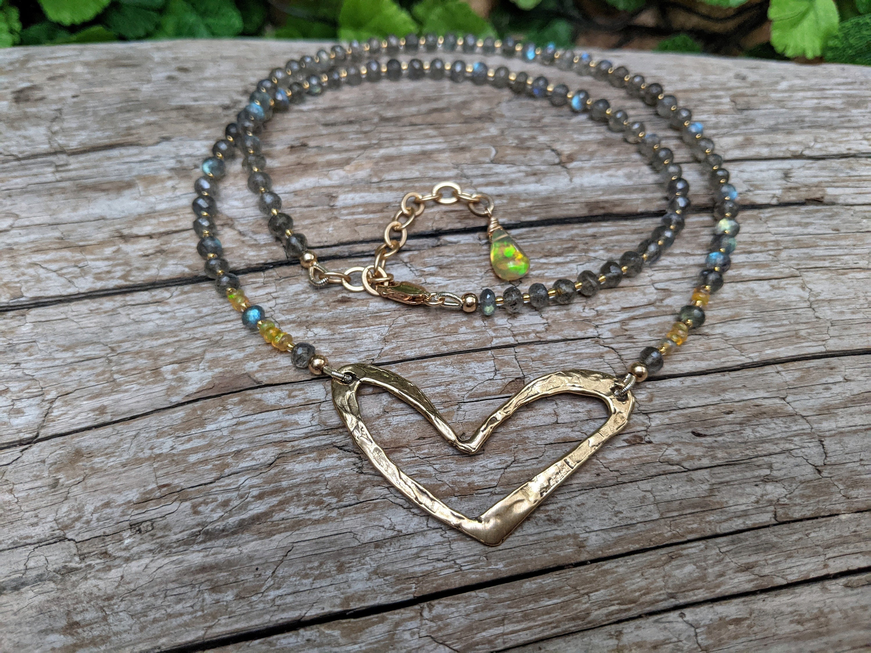 Labradorite Necklace, Ethiopian Opal Necklace, Gold Heart Necklace, Multi Stone Necklace, Artisan Necklace, Statement Necklace