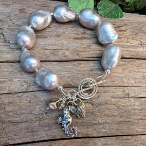 Gray Baroque Pearl Bracelet, Big Pearl Bracelet, Ocean Theme Bracelet, Sea Horse Bracelet, Sea Shell Bracelet, Chunky Bracelet, Boho