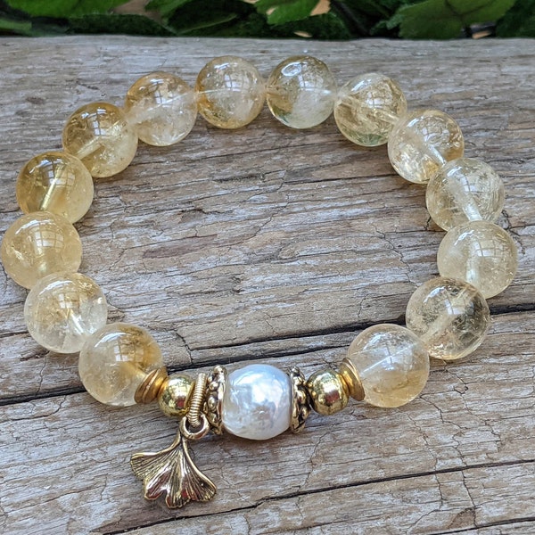 Citrine & Edison Pearl Bracelet, Gemstone Bracelet, Statement Bracelet, Sunny Citrine Elastic Bracelet, Artisan Bracelet, Boho Bracelet