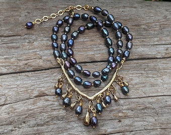 Black Pearl Necklace, Chandelier Pearl Necklace, Statement Necklace, Artisan Necklace, Chic Necklace, Boho Necklace, Bohemian Jewelry