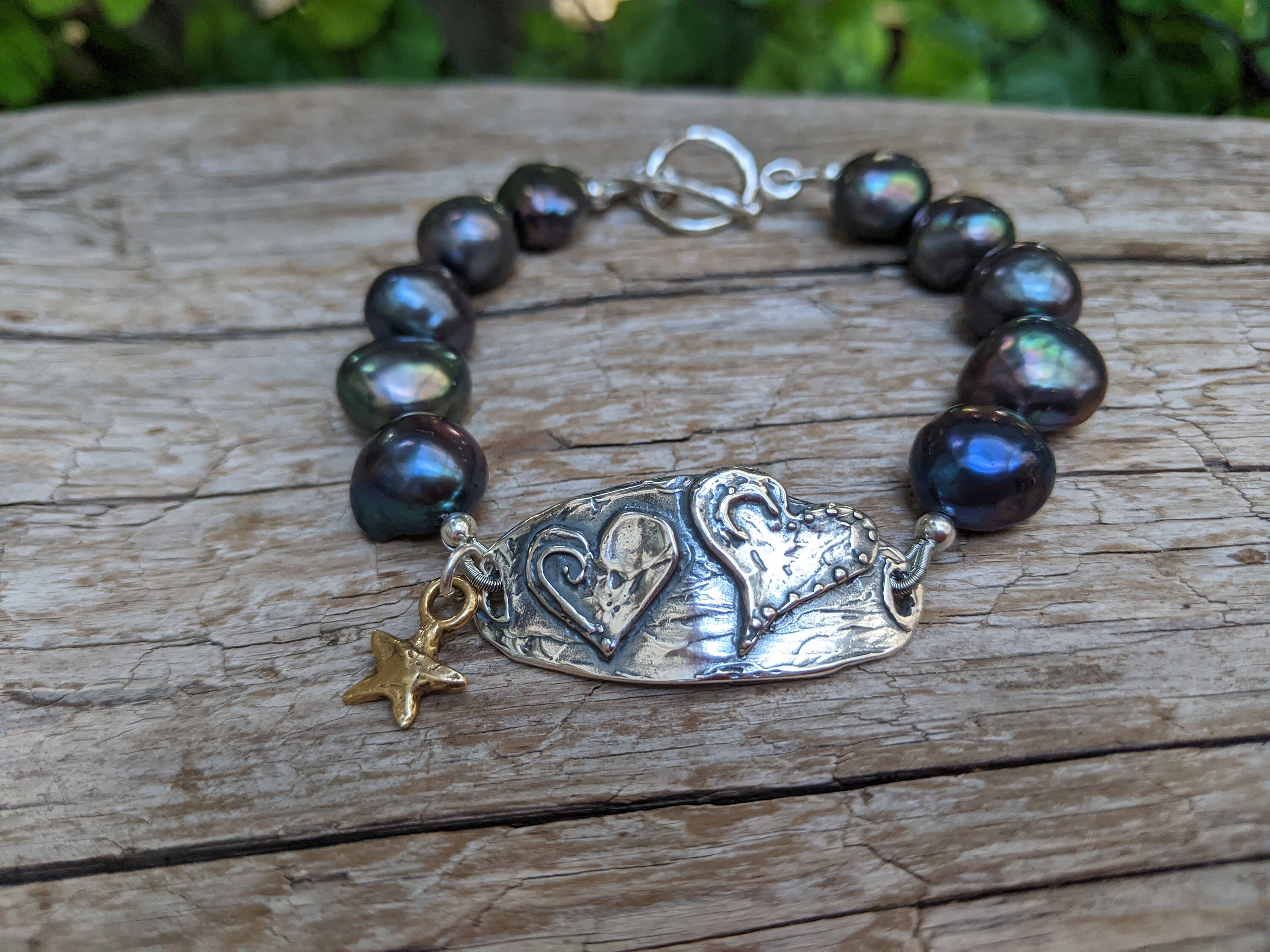 Black Pearl Bracelet, Big Baroque Pearl Bracelet, Heart