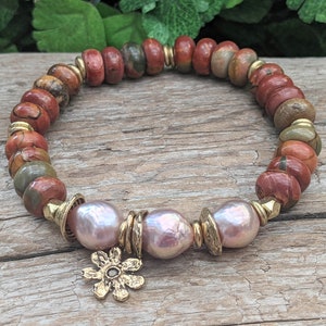 Jasper & Pink Edison Pearl Bracelet, Artisan Bracelet, Statement Bracelet, Layering Bracelet, Boho Bracelet, Multi Stone Bracelet