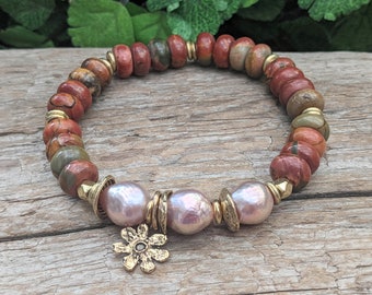 Jasper & Pink Edison Pearl Bracelet, Artisan Bracelet, Statement Bracelet, Layering Bracelet, Boho Bracelet, Multi Stone Bracelet