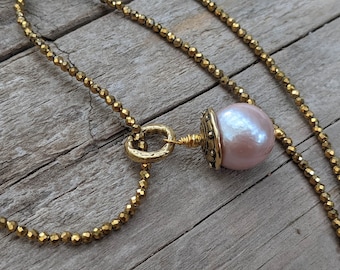 Super Sparkly Golden Hematite Necklace with Pink Edison Pearl Pendant, Thin Dainty Golden Sparkly Necklace, Big Pink Pearl Layering Necklace