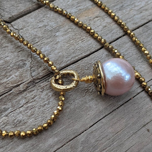 Super Sparkly Golden Hematite Necklace with Pink Edison Pearl Pendant, Thin Dainty Golden Sparkly Necklace, Big Pink Pearl Layering Necklace