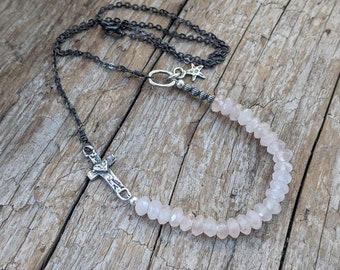 Rose Quartz Necklace, Delicate Gemstone Necklace, Statement Necklace, Tiny Star Necklace, Cross Necklace, Artisan Necklace, Boho necklace