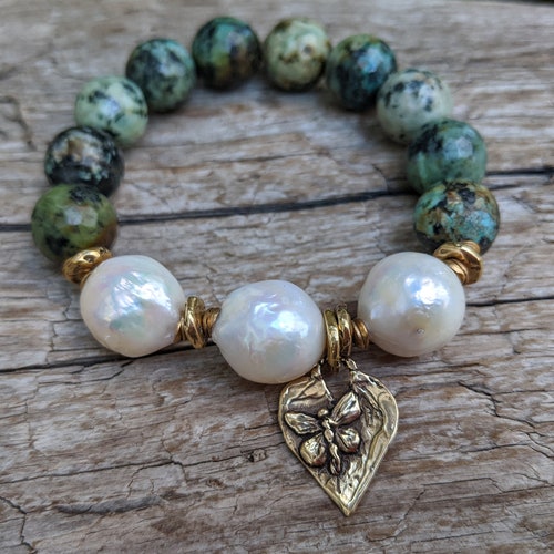 African Turquoise Bracelet, shops Big Pearl Bracelet, Edison Pearl Bracelet, Gemstone Bracelet, Statement Bracelet, Butterfly Bracelet