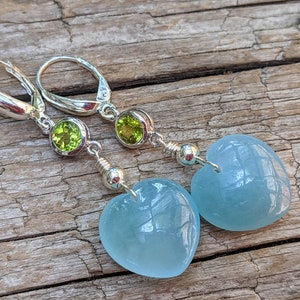Peridot & Aquamarine Earrings, Heart Shape Earrings, Aqua Blue Earrings, Statement Earrings, Blue-Green Earrings, Artisan Earrings
