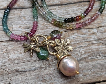 Tourmaline & Pink Edison Pearl Necklace, Mixed Stone Necklace, Edison Pearl Pendant, Statement Necklace, Artisan Necklace, Boho Necklace