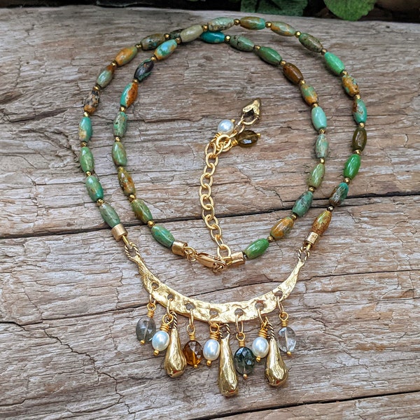 Genuine Turquoise & Tourmaline Necklace, Chandelier Turquoise Necklace, Statement Necklace, Multi Stone Necklace, Artisan necklace, Boho