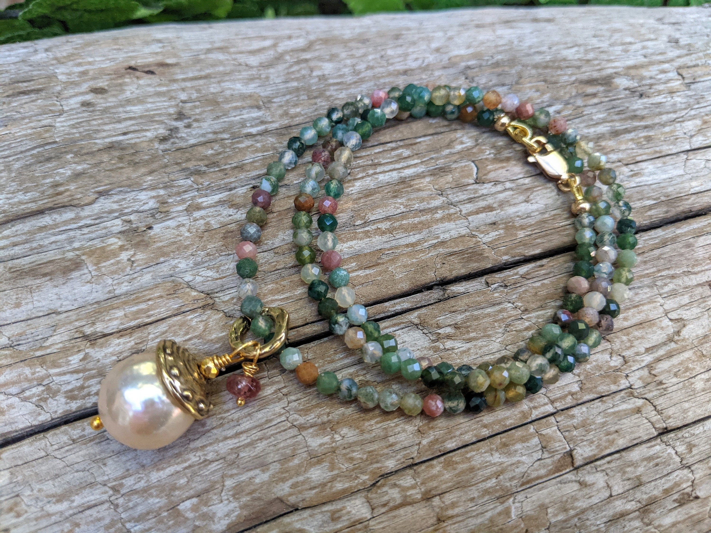 Multi Color Agate Necklace & Big Pink Edison Pearl Pendant, Single Pearl Necklace, Gemstone Necklace, Mix Stone Necklace, Statement Necklace