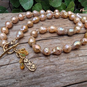 Golden Pink Baroque Pearl Necklace, Gold Bronze Pearl Necklace, Rustic Pearl Necklace, Unique Necklace, Statement Necklace, Boho Necklace