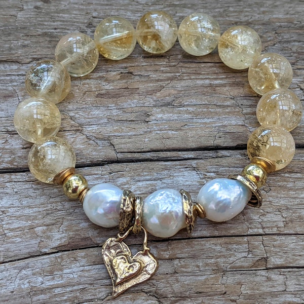 Bracelet citrine ensoleillé, bracelet citrine et grosses perles Edison, bracelet tendance, bracelet artisanal, bracelet en citrine véritable, bracelet bohème