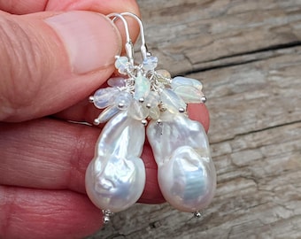 Baroque Pearl Opal Cluster Earrings, Sterling Silver Leverback