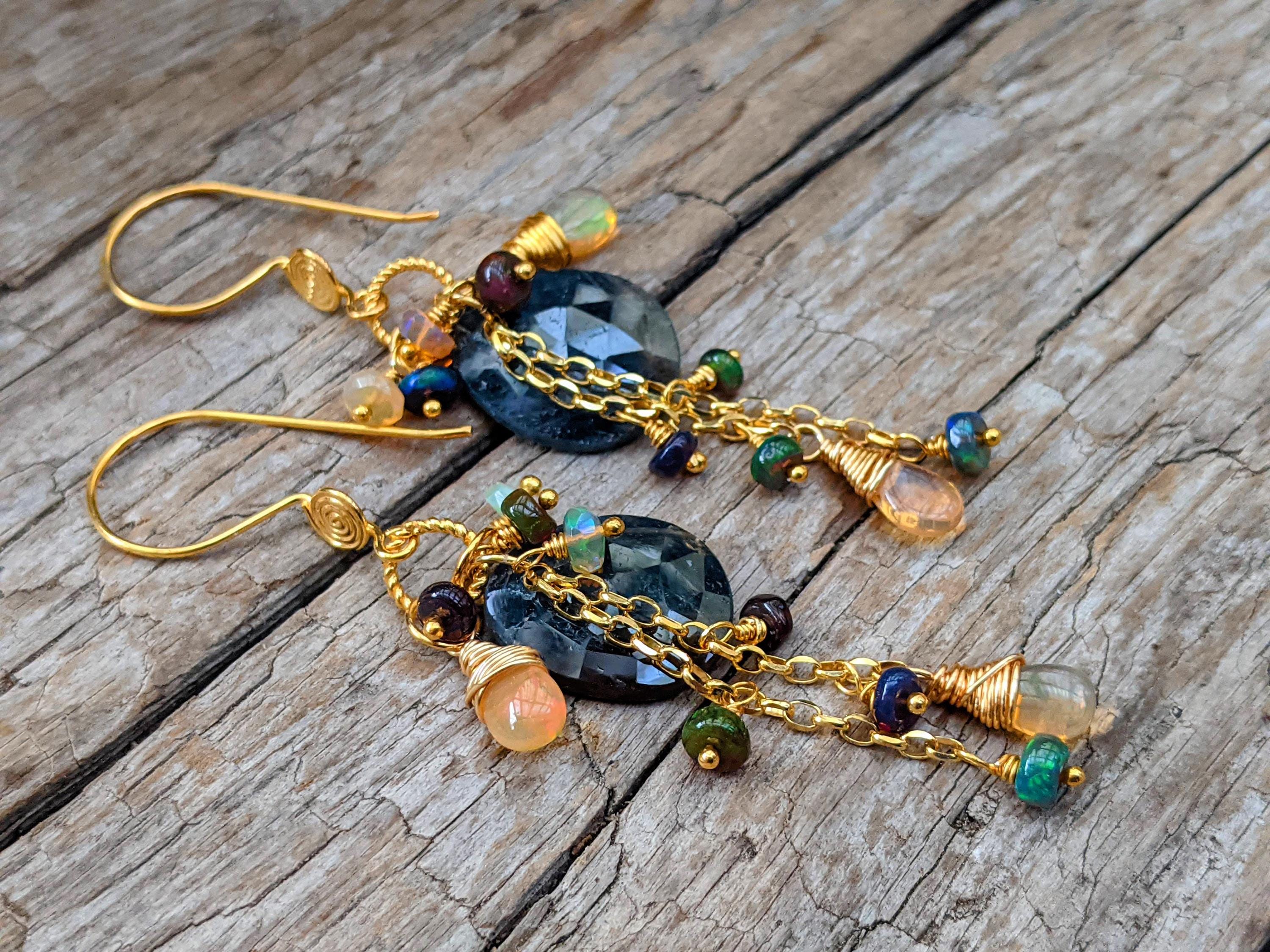 Opal Earrings, Cluster Earrings, Mixed Stone Earrings, Sapphire & Opal Earrings, Multi Stone Earrings, Cascade Earrings, Statement Earrings