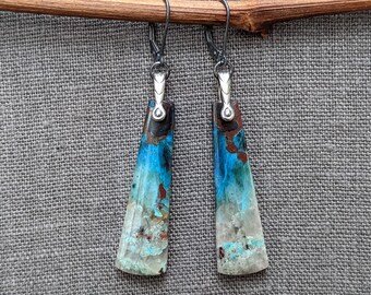 Long Multicolor Teal Chrysocolla Earrings, Aqua Earrings, Turquoise Aqua Blue Gemstone Earrings, Artisan Earrings, Statement Earrings