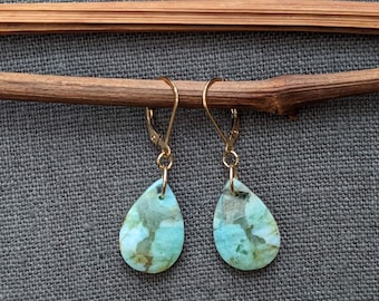 Mint Chrysocolla Teardrop Earrings, Gold Over Sterling Silver, Artisan Jewelry, Gift for Her
