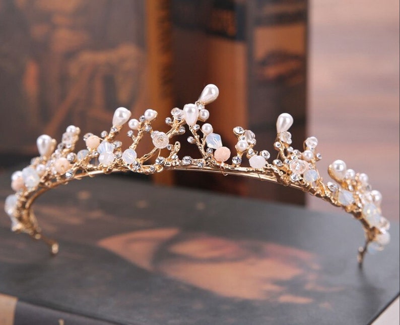Clear Crystal Rhinestone Pearl Branch Gold tone Tiara Princess Prom Wedding Bridal Hair Jewelry Quinceanera Pageant headband Crown GT0429