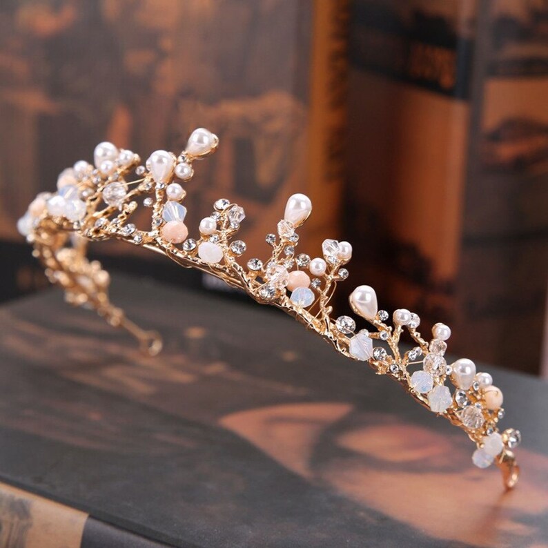 Clear Crystal Rhinestone Pearl Branch Gold tone Tiara Princess Prom Wedding Bridal Hair Jewelry Quinceanera Pageant headband Crown GT0429