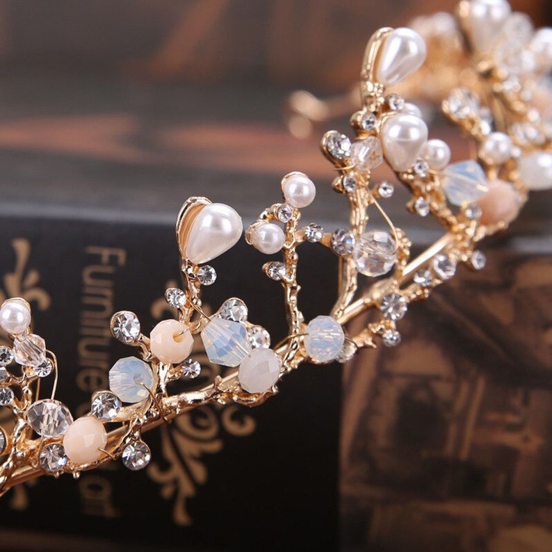 Clear Crystal Rhinestone Pearl Branch Gold tone Tiara Princess Prom Wedding Bridal Hair Jewelry Quinceanera Pageant headband Crown GT0429