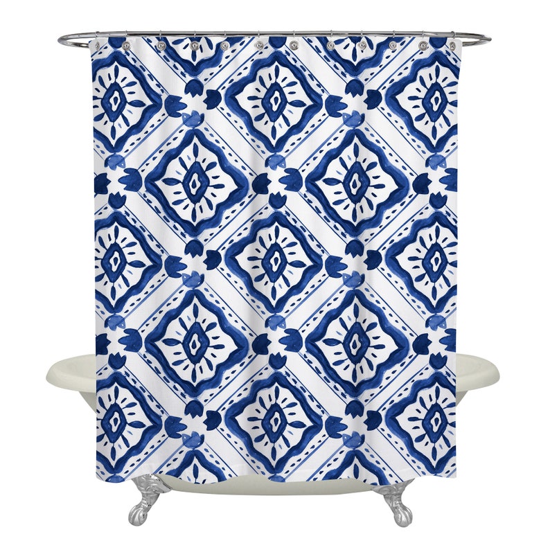 Navy Moroccan Tile Shower Curtain Print Fabric Bathroom Decor Etsy