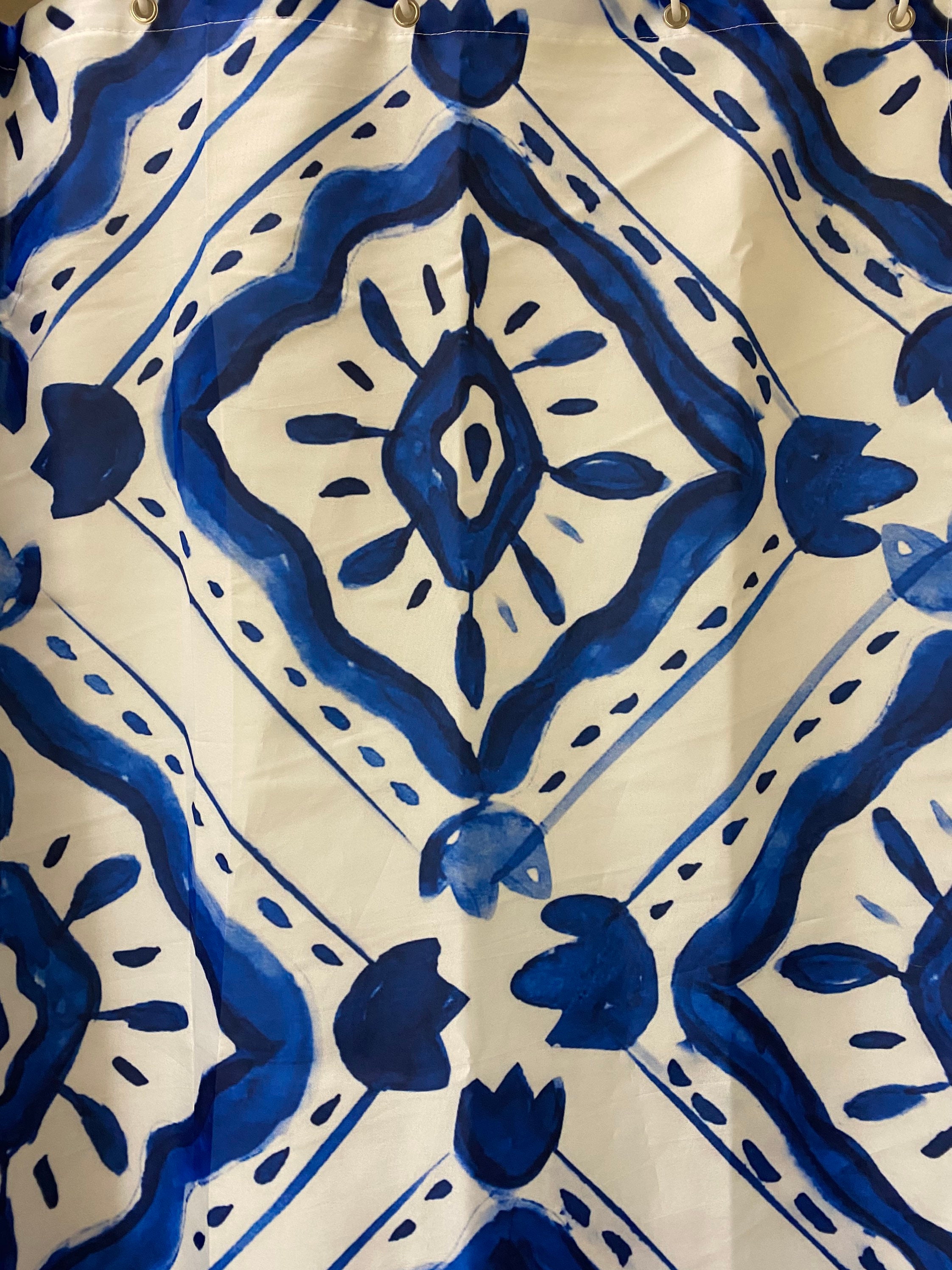 Navy Moroccan Tile Shower Curtain Print Fabric Bathroom Decor Etsy