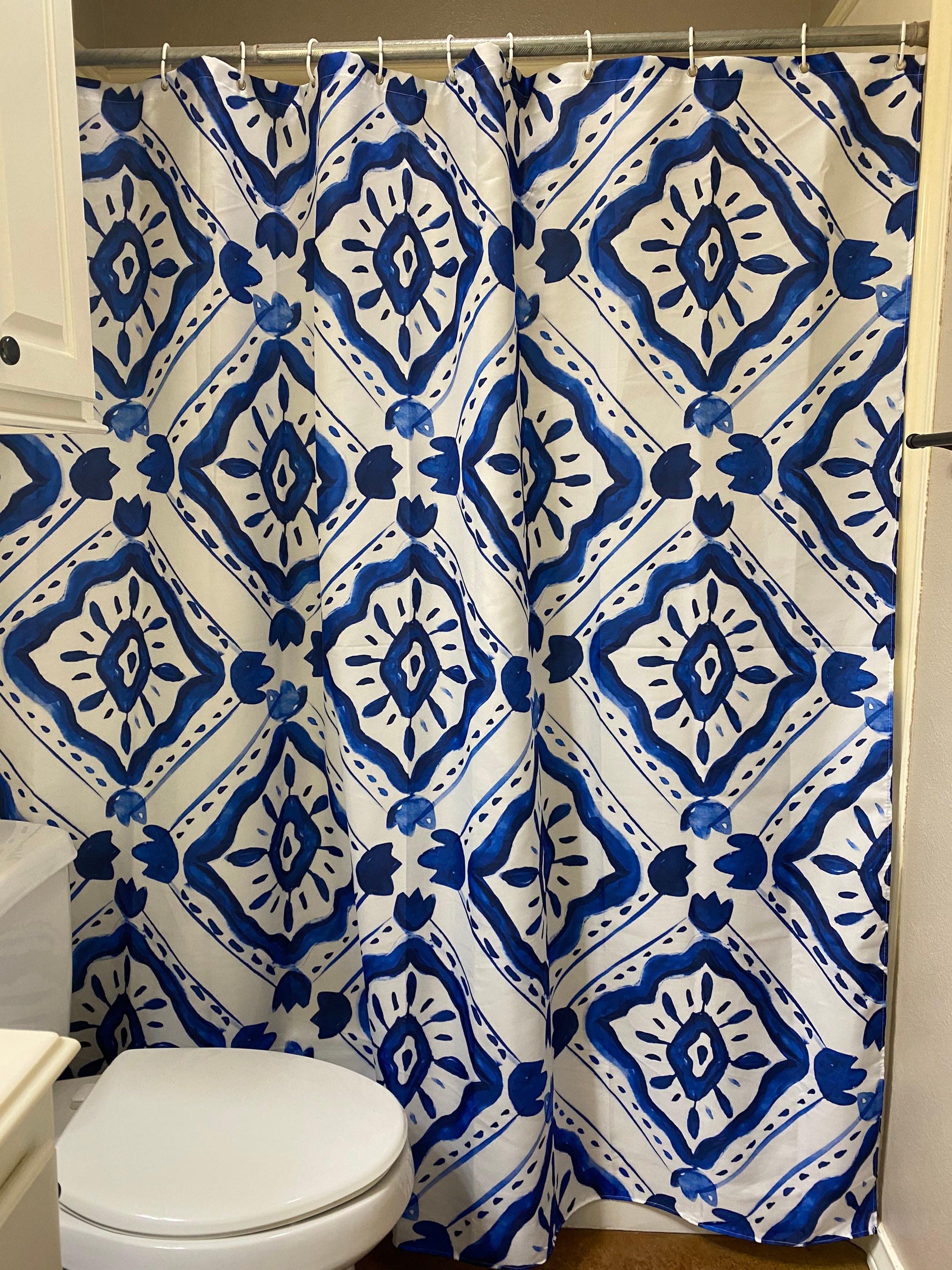 Navy Moroccan Tile Shower Curtain Print Fabric Bathroom Decor Etsy