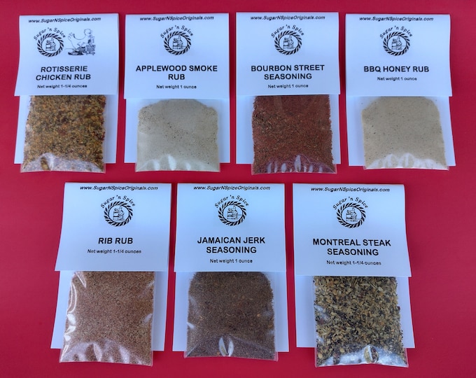 Meat/Seafood Seasonings SAMPLER (7) - Great on ribs, chicken, steak, fish/salmon, pork/beef roasts and chicken wings - Spice Rubs BBQ