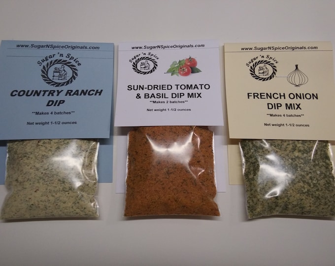 DIP MIX SAMPLER (3) Country Ranch, Sun-dried Tomato Basil & French Onion - Add sour cream - Party Dips -Great with vegetable tray