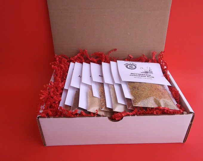 GIFT BOX Meat/Seafood Seasonings (7 different flavors) - Great on ribs, chicken, steak, fish/salmon - For cook, Dad - Spice Rubs BBQ