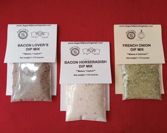 DIP MIXES (3) Bacon Lovers, Bacon Horseradish & French Onion - Add sour cream - Party Dips -Great with vegetable tray, pretzels, crackers