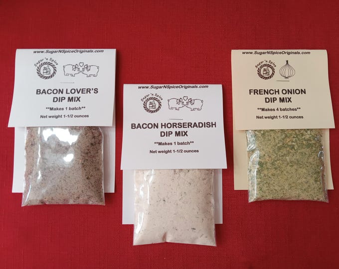 DIP MIXES (3) Bacon Lovers, Bacon Horseradish & French Onion - Add sour cream - Party Dips -Great with vegetable tray, pretzels, crackers