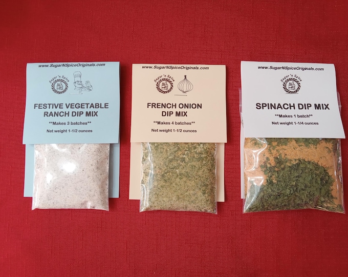 DIP MIXES (3) Festive Vegetable Ranch, French Onion and Spinach - Add sour cream - Party Dips -Great with vegetable tray, crackers, pretzels